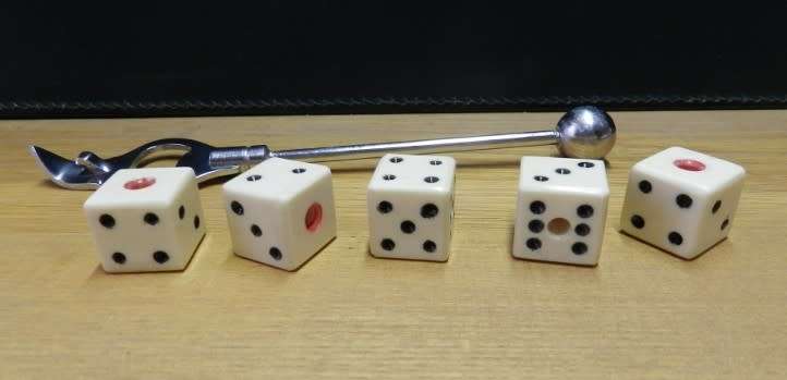 Vintage  Chrome Bar Tool/Game bottle opener with five removable dice on handle.