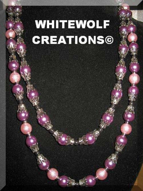 STUNNING BULKY PURPLE GLASS PEARLS, 65 CM  DOUBLE LAYER NECKLACE IN SILVER LAY-OUT
