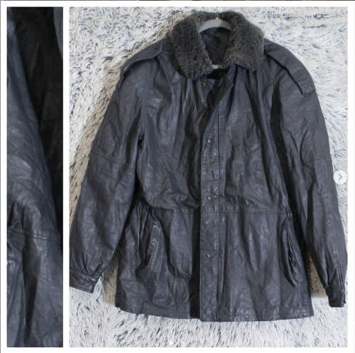 Beautiful Navy Leather Coat with Sheep`s Fur Collar