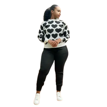 2 Piece Heart Printed Sweater Set - BLACK / XL/XXL