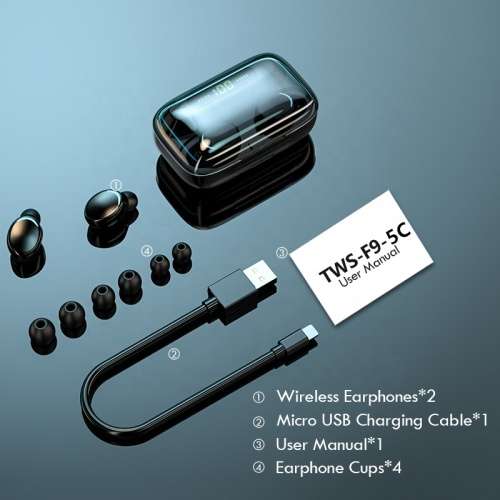 Quality Waterproof Wireless Earphones F95-Sports Earpod, case is also Powerbank to charge phone.