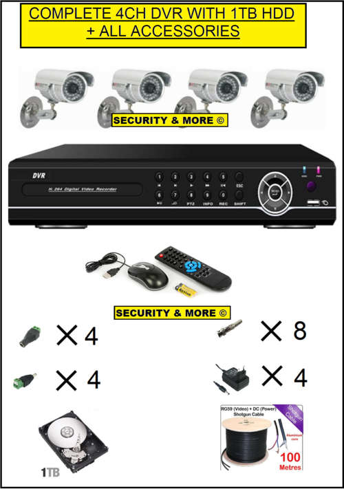COMPLETE 4CH DIY DVR WITH 1TB HDD+ 4 CAMERAS + CABLE & ACCESSORIES