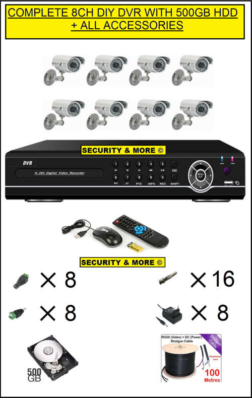 COMPLETE 8CH DIY DVR WITH 500GB HDD+ 8 CAMERAS + CABLE & ACCESSORIES