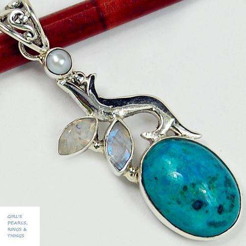 GENUINE CHRYSOCOLLA & MOONSTONE & PEARL PENDANT CRAFTED IN SOLID 925 STERLING SILVER