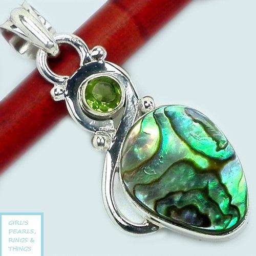 "CLEARANCE SALE" GENUINE ABALONE & PERIDOT PENDANT CRAFTED IN HALLMARKED 925 STERLING SILVER
