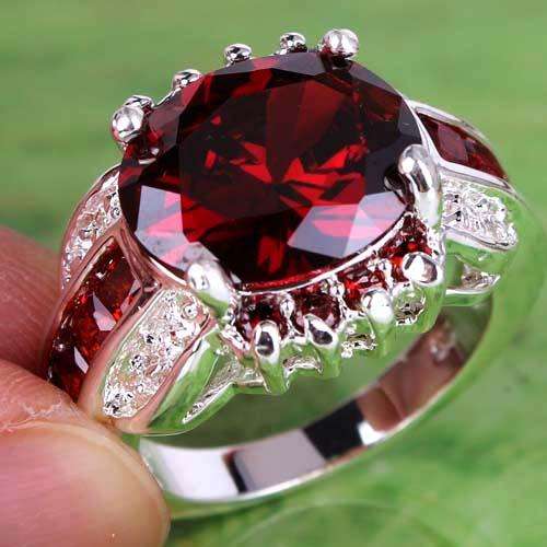 GARNET CZ & WHITE TOPAZ CZ RING  IN SILVER