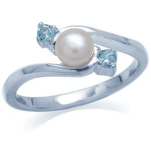 GENUINE WHITE FRESHWATER PEARL & GENUINE BLUE TOPAZ RING CRAFTED IN .925 STERLING SILVER