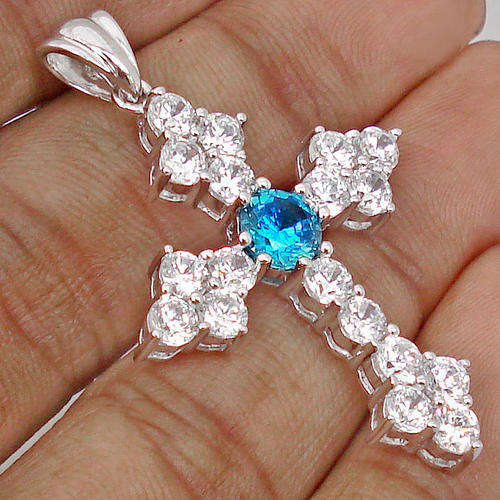 GENUINE BLUE & WHITE HOLY CROSS PENDANT IN 925 STERLING SILVER