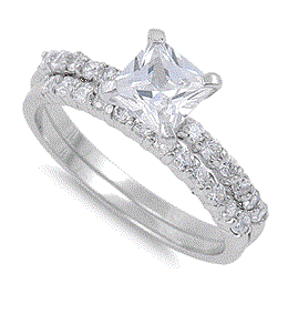 "2 RINGS" WHITE TOPAZ CZ ENGAGEMENT & WEDDING RING SET IN  .925 STERLING SILVER