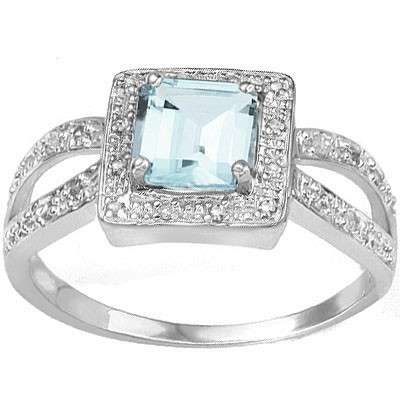 GENUINE BLUE AQUAMARINE & WHITE DIAMOND RING .925 STERLING SILVER