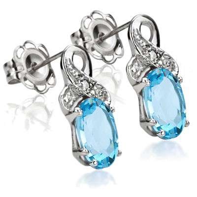 "GORGEOUS!" NATURAL BLUE TOPAZ & GENUINE WHITE DIAMOND EARRINGS IN 925 STERLING SILVER