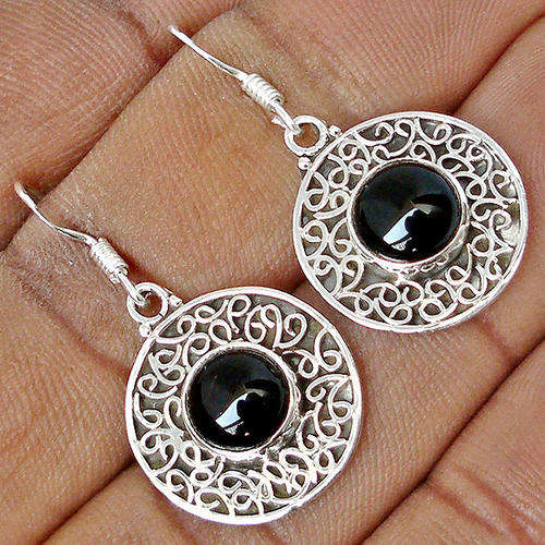 GENUINE BLACK ONYX GEMSTONE EARRINGS IN 925 STERLING SILVER