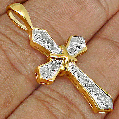 GENUINE WHITE DIAMOND CROSS PENDANT  IN GOLD VERMEIL