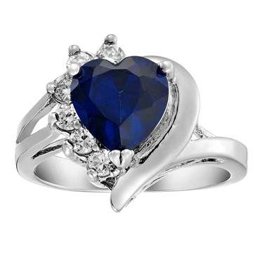 BLUE SAPPHIRE & WHITE CZ HEART RING CRAFTED IN WHITE GOLD PLATING SIZE 8