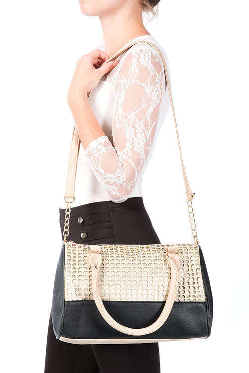 STUNNING CUT OUT PATTERN BLACK & CREAM BOWLER BAG - MATCHING PURSE AVAILABLE