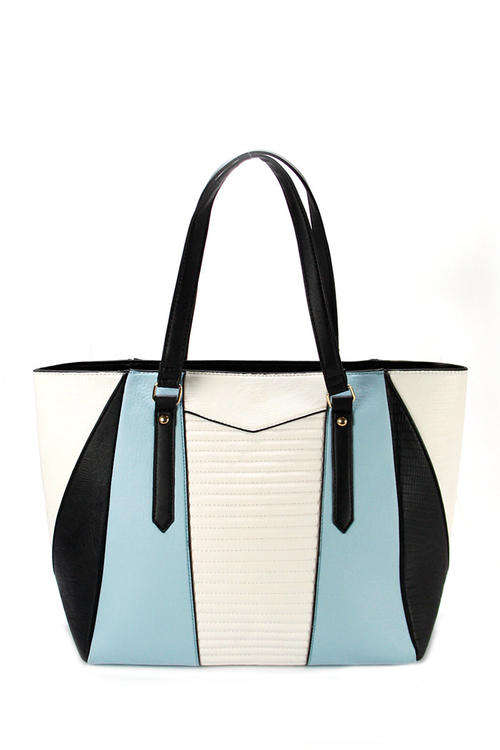 COLOUR BLOCK SOFT BLUE, BLACK & WHITE QUILTED SHOPPER - MATCHING PURSE AVAILABLE