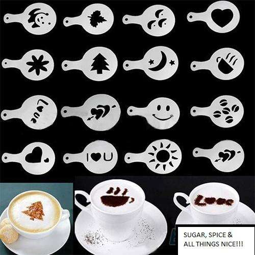 WOW...MAKE SOMEONE SPECIAL A CUPPA WITH A DIFFERENCE!  16 PCS COFFEE/CUPPUCINO STENCILS DUSTING SET