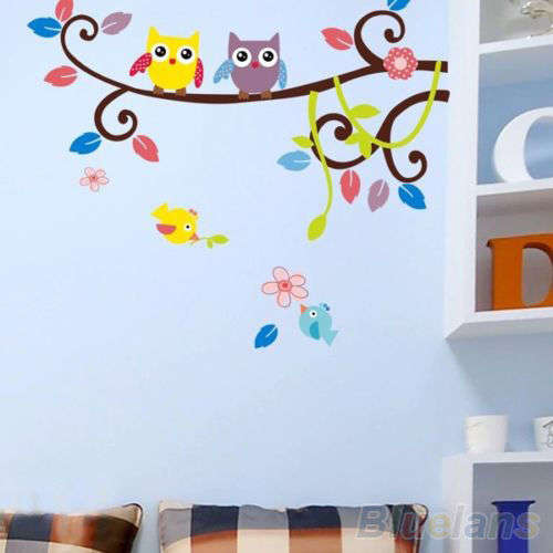 COLOURFUL & CUTE OWLS ON SCROLL BRANCH  WALL DECAL - LATEST IN NURSERY DECOR