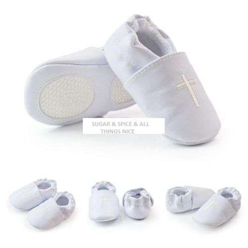 CROSS EMBROIDERED ON WHITE PU LEATHER SHOES - 3 - 6  MONTHS -WEDDING /CHRISTENING/CHURCH