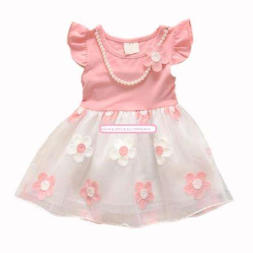 PRETTY PEACHES & CREAM PARTY DRESS WITH DETACHABLE FAUX PEARL NECKLACE  - CUTE - AGE 1 YEARS