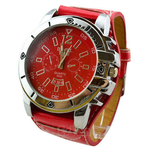 FASHIONABLE MENS  DIESEL TIME QUARTZ WRISTWATCH WITH RED DIAL AND WIDE LEATHEROID STRAP