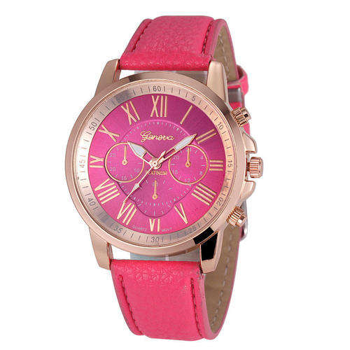 VOGUE WOMANS HOT PINK ROMAN NUMERALS ANALOG QUARTZ WRISTWATCH WITH FAUX LEATHER STRAP