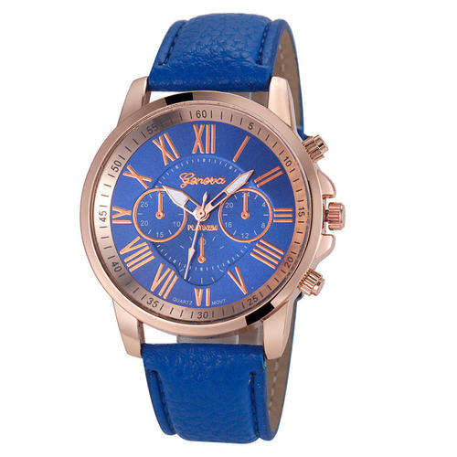 VOGUE WOMANS BLUE ROMAN NUMERALS ANALOG QUARTZ WRISTWATCH WITH FAUX LEATHER STRAP