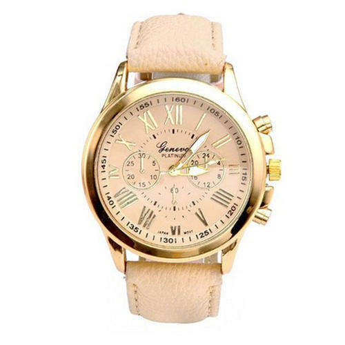 VOGUE WOMANS BEIGE ROMAN NUMERALS ANALOG QUARTZ WRISTWATCH WITH FAUX LEATHER STRAP