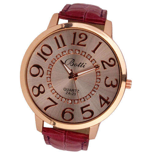WOMANS FASHION NUMERALS GOLDEN "BIG" DIAL RED LEATHER STRAP QUARTZ  WATCH