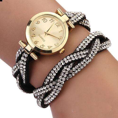 LADIESS BLACK LUXURY ENCRUSTED CRYSTAL LEATHER PLAITED BRACELET QUARTZ ANALOG WRIST WATCH