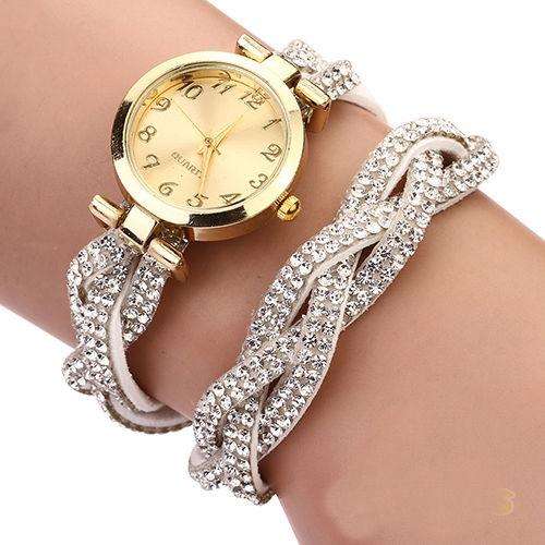 WOMANS WHITE LUXURY CRYSTAL PLAITED BRACELET QUARTZ ANALOG WRIST WATCH