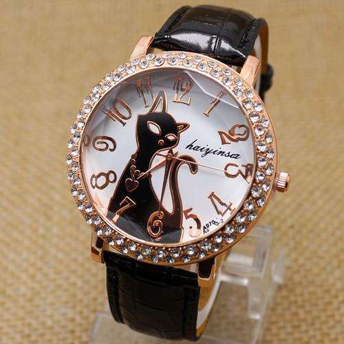 LOVELY XMAS GIFT CAT CRYSTAL SURRROUND DIAL WITH BLACK PU LEATHER STRAP ANALOG QUARTZ WATCH