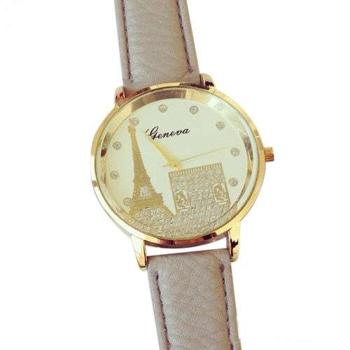 WOMAN'S GENEVA EIFFEL TOWER PATTERN GOLDEN CASE FAUX LEATHER BAND WRIST WATCH TAUPE