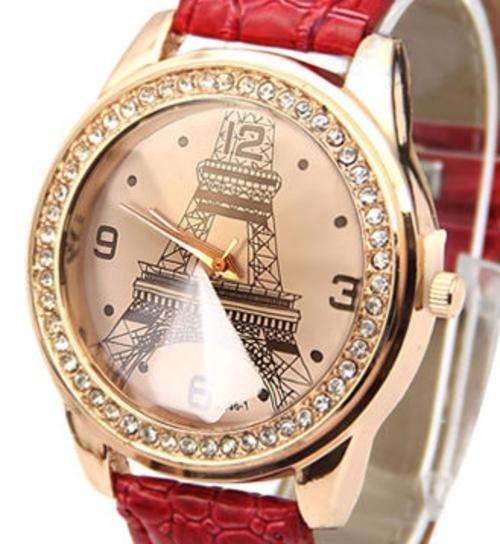 WOMANS CRYSTAL RHINESTONE EIFFEL TOWER QUARTZ WRIST WATCH WITH RED STRAP