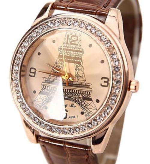 WOMANS CRYSTAL RHINESTONE EIFFEL TOWER QUARTZ WRIST WATCH WITH BROWN STRAP