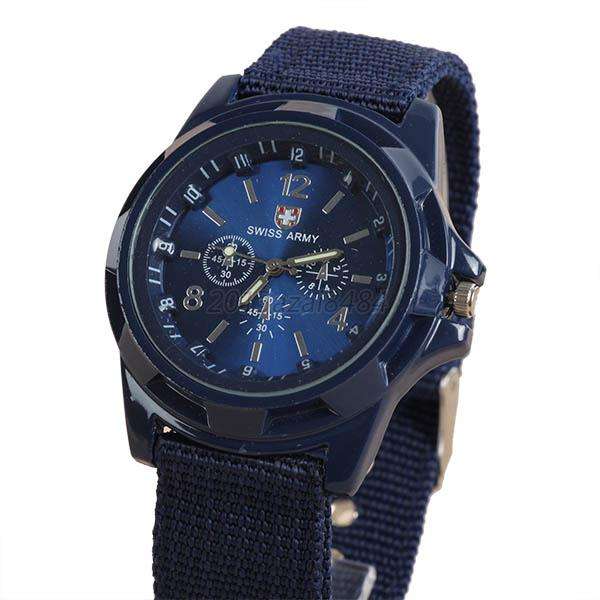 CLASSIC SWISS ARMY DESIGN SPORTS  QUARTZ MENS WRIST WATCH WITH NYLON STRAP BLUE FACE