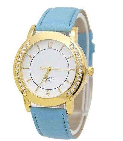 WHITE DIAL AND CRYSTALS IN GOLD CASED QUARTZ FASHION WATCH WITH PRETTY SKY BLUE  PU LEATHER STRAP