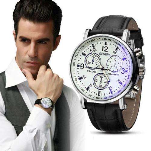 LUXURY GENEVA MEN'S FASHION WHITE FACE SILVER BODY WITH FAUX CROCODILE LEATHER STRAP
