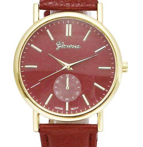 R1 START - NO RESERVE!  LADIES STUNNING GENEVA WATCH WITH  BROWN DIAL AND FAUX LEATHER BAND