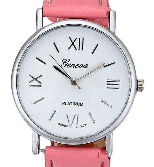 WOMAN'S GENEVA PLATINUM WHITE FACED ROMAN NUMERAL QUARTZ WATCH WITH PINK ICE CREAM FAUX LEATHER BAND