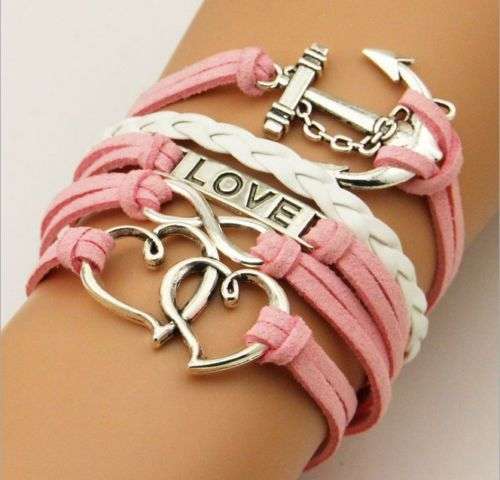 NEW FASHION SILVER INTERTWINED HEART, LOVE, ANCHOR AND INFINITY CUTE LEATHER CHARM BRACELET