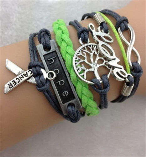 SILVER CANCER RIBBON, HOPE ON PLATE, TREE OF LIFE, LOVE AND INFINITY CUTE LEATHER CHARM BRACELET