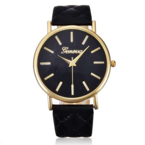 WOMAN GENEVA BLACK FACED ANALOG QUARTZ WRIST WATCH WITH BLACK QUILTED PU LEATHER STRAP