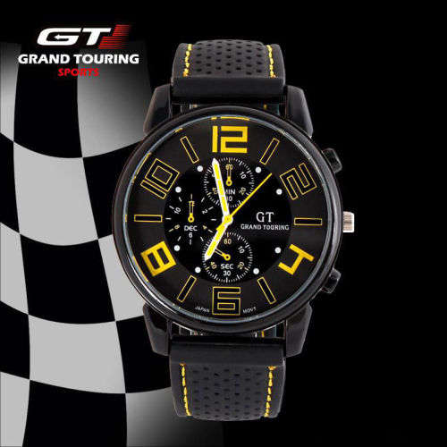 MEN'S GT GRAND TOURING  SERIES  STAINLESS STEEL ANALOG SPORTS WATCH BLACK FACE YELLOW NUMERALS