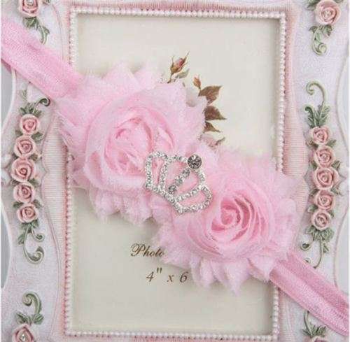 FIT FOR A PRETTY PRINCESS ... BABY HEADBAND - TWO RUFFLE FLOWERS WITH RHINESTONE CROWN - PASTEL PINK