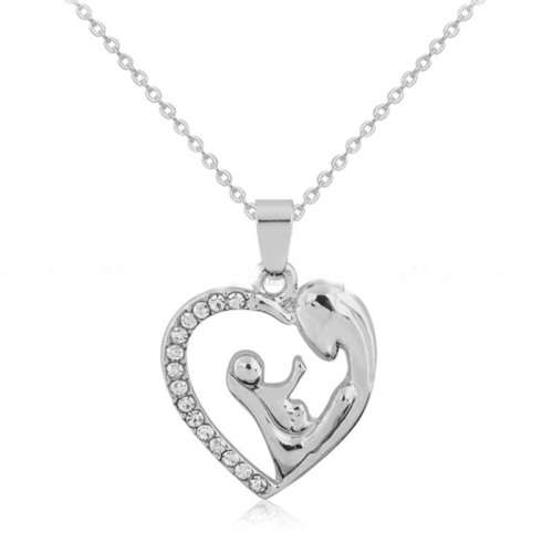 PRETTY GIFT FOR A NEW MOM!    MOTHER AND CHILD HEART PENDANT AND CHAIN WHITE CRYSTALS