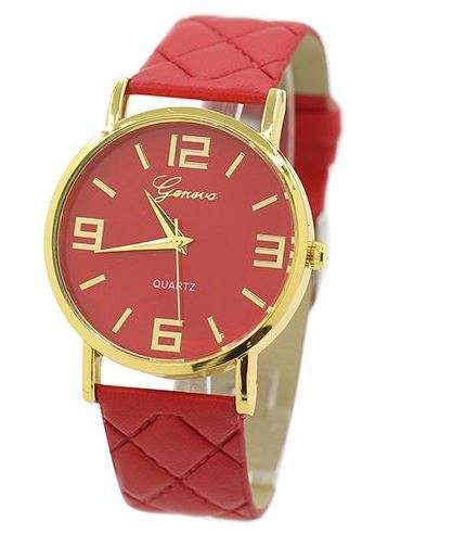 GENEVA  RED  DIAL QUARTZ  FASHION WATCH WITH QUILTED EFFECT RED FAUX  LEATHER STRAP