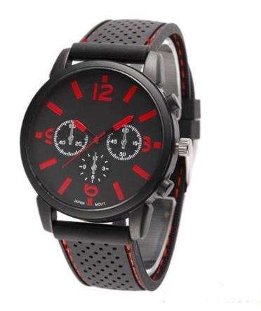 GENEVA PLATINUM SILICONE ANALOG SPORTS WRISTWATCH BLACK FACE RED NUMERALS