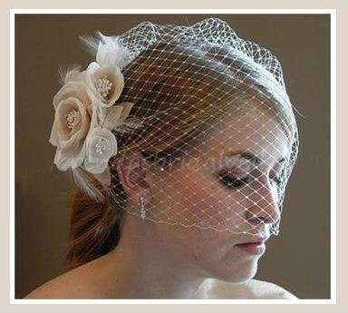 SALE!  WHITE AND PEACH BRIDAL CAGE VEIL BEAUTIFULLY CRAFTED WITH PEACH AND WHITE SATIN FLOWERS