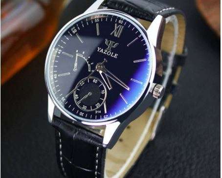 MEN'S YAZOLE BLACK FACE WITH  BLU-RAY GLASS AND FAUX LEATHER QUARTZ ANALOG DRESS WRIST WATCH